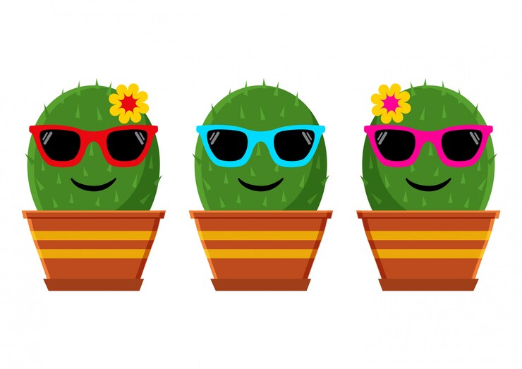 Vetor cacto de emoticon verão com óculos de sol. ilustração