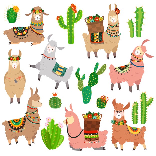Vetores de Llamas Ou Alpacas Coloridos Bonitos Do Estilo Dos Desenhos  Animados Com O Poncho Com Cacto E Jogo Mexicano Da Ilustração Do Abanador  Do Rumba e mais imagens de Sticker 