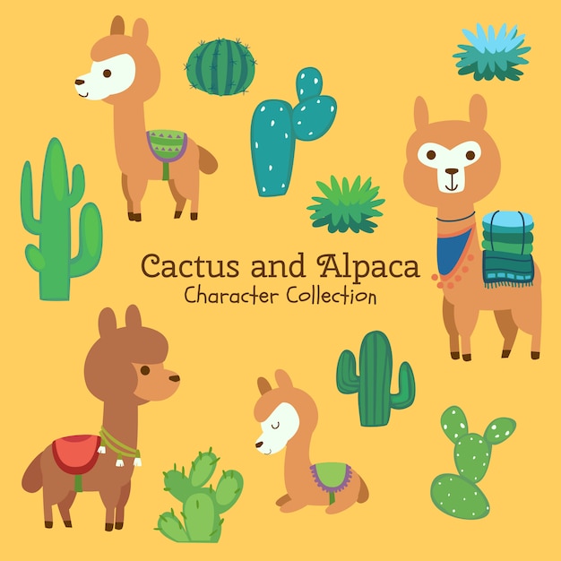 Cacto e coleção de caracteres de alpaca