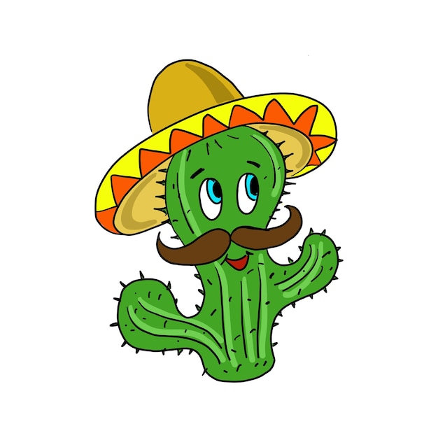 Cacto engraçado com bigode usando uma ilustração vetorial de chapéu sombrero mexicano isolada