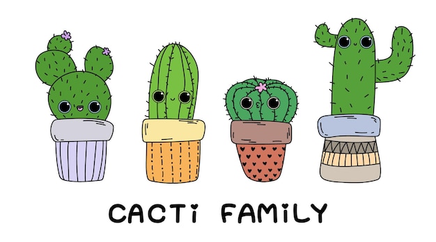 Cacto feliz de desenho animado bonito texto da família cacti planta em ilustração de doodle isolada em casa