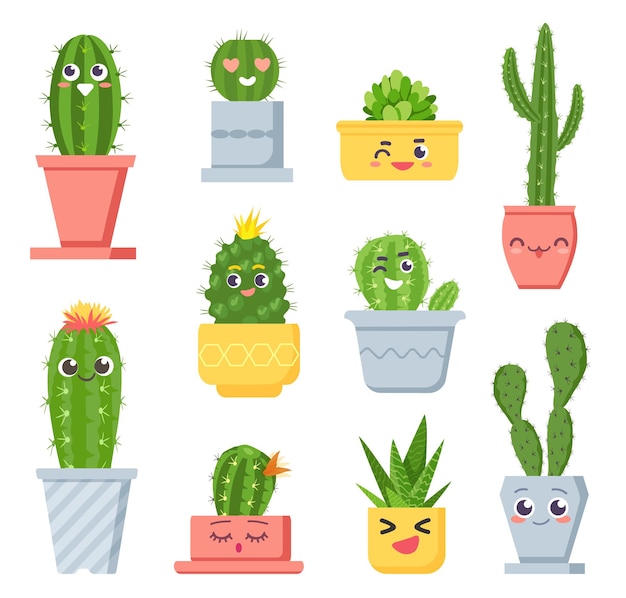 Cacto fofo com rostos. personagens de plantas de vaso suculentas de desenhos animados com emoji. conjunto de cara engraçada de cactos tropicais em vetor de vasos de flores. planta de casa e vaso de flores, ilustração exótica de cactos botânicos