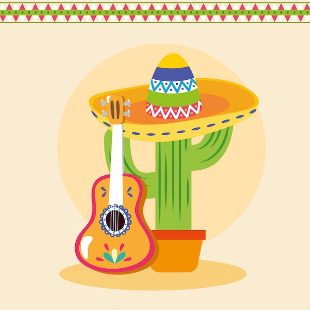 Cacto mexicano com guitarra, méxico cultura turismo marco latino e ilustração de festa