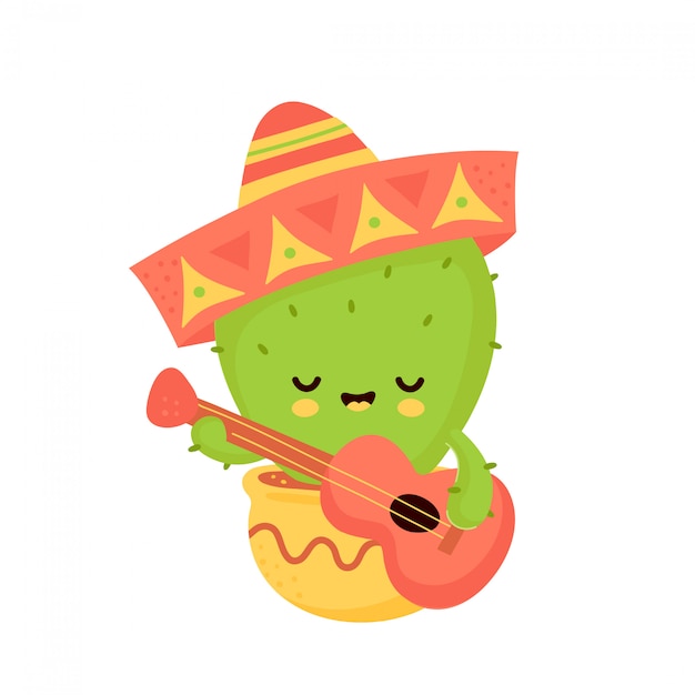 Cacto sorridente feliz fofo com guitarra no chapéu mexicano