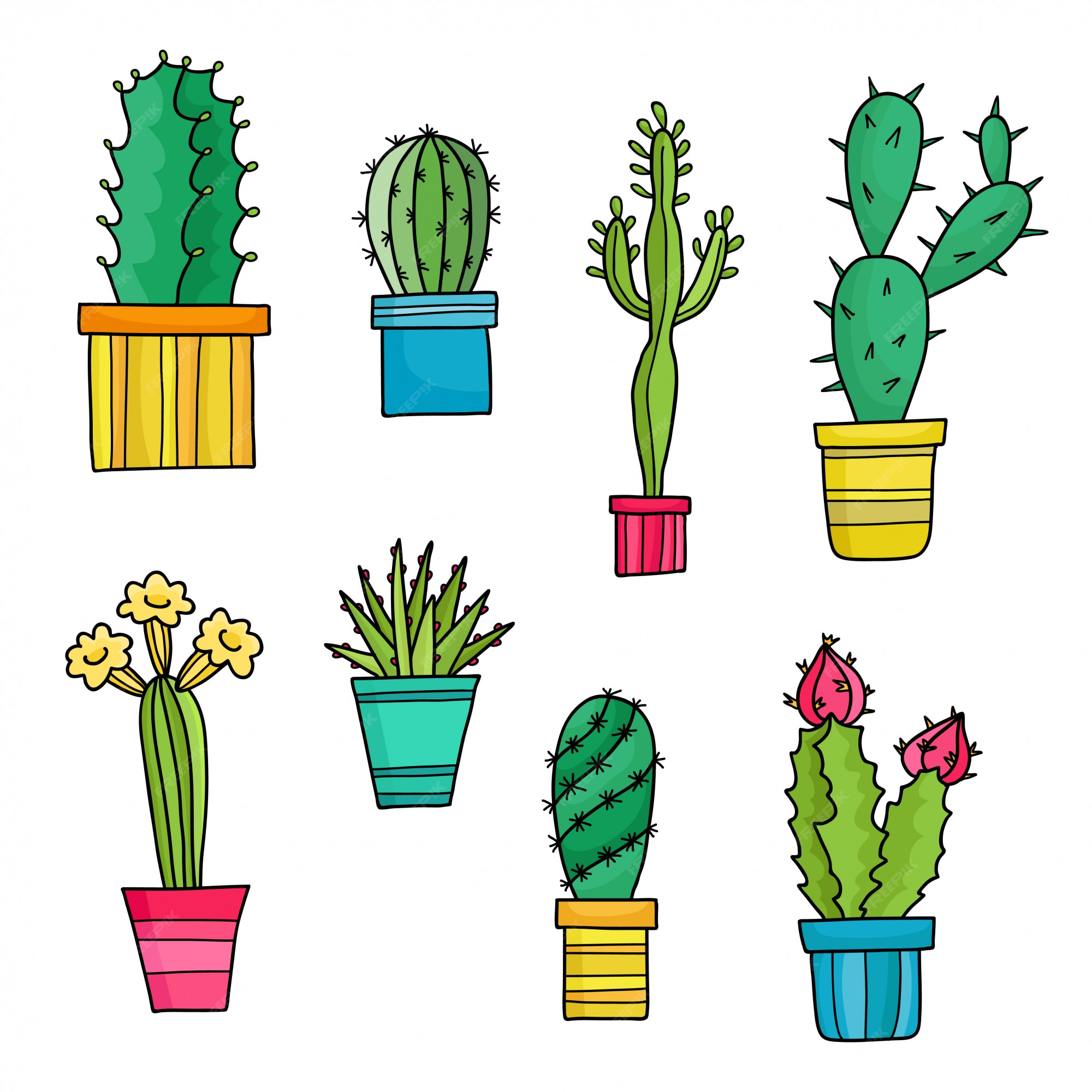 Cactos adorável dos desenhos animados e plantas em vasos