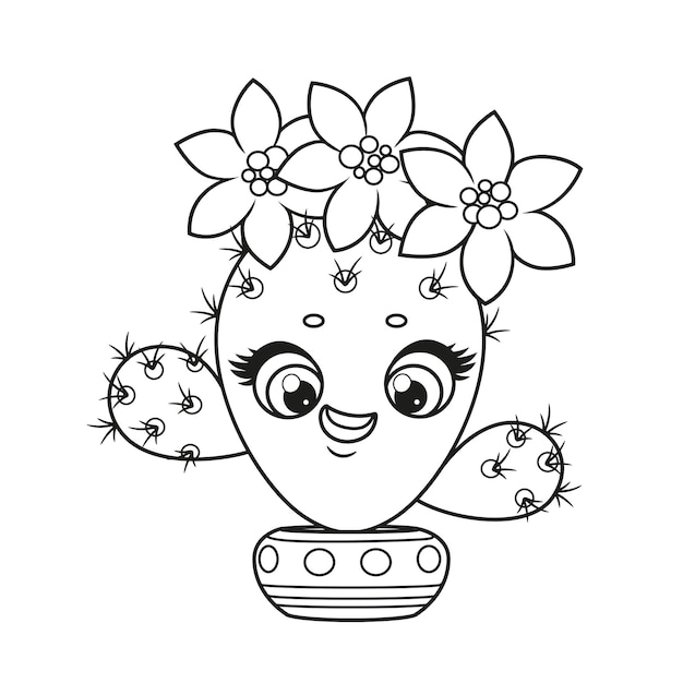 Desenho para colorir de cacto fofo com flores Kawaii Chibi preto e