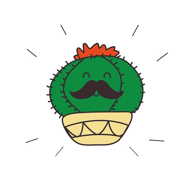 Cactos fofos mexicanos com cores brilhantes estilo bigode doodle