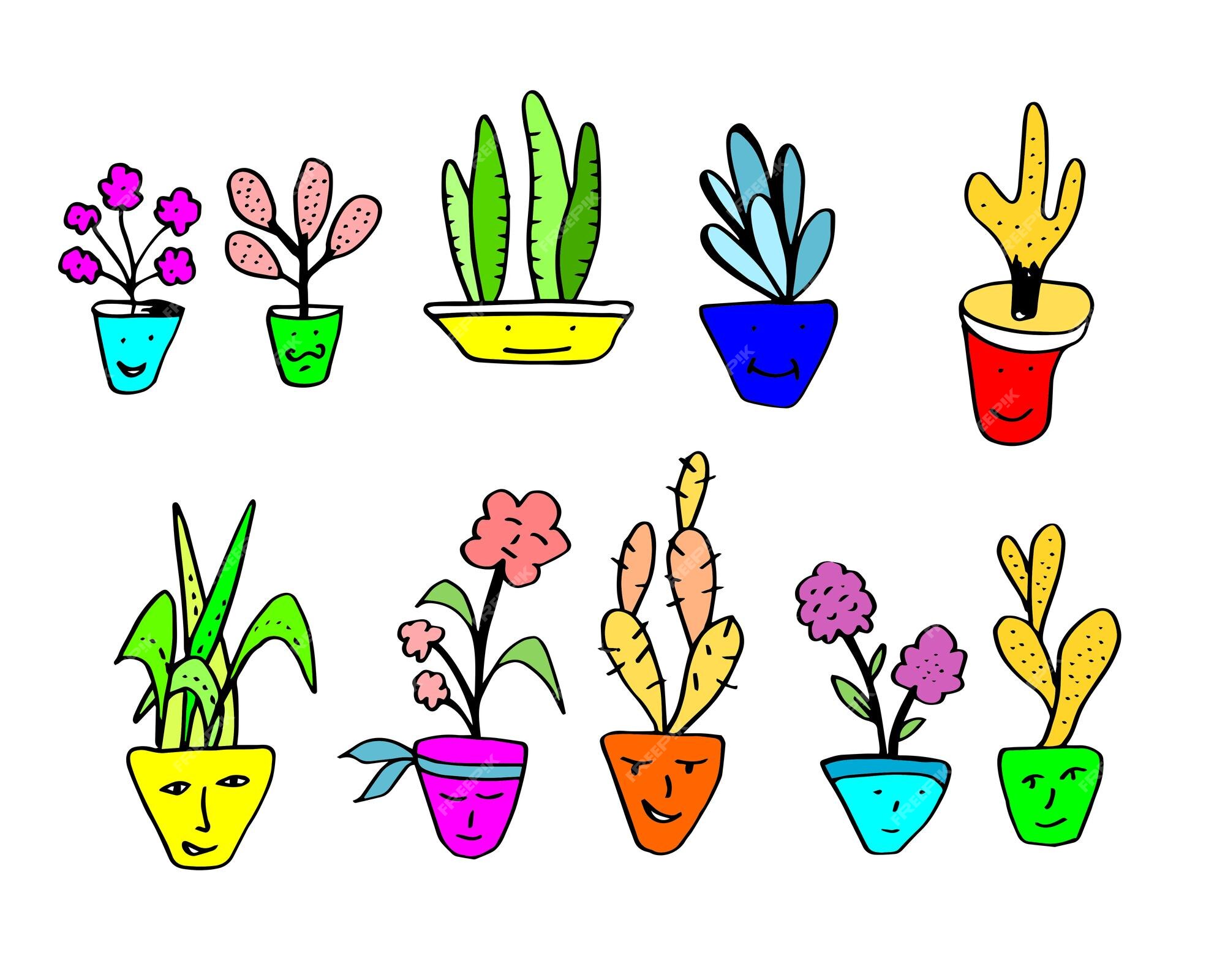 Cactos em vasos de desenhos animados, plantas do deserto, cactos e