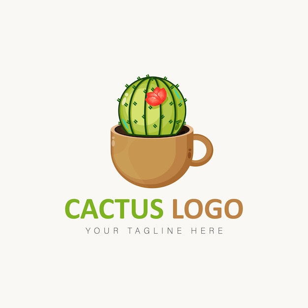 Cactus com ilustração de ícone de estilo de desenho animado de logotipo de xícara de café