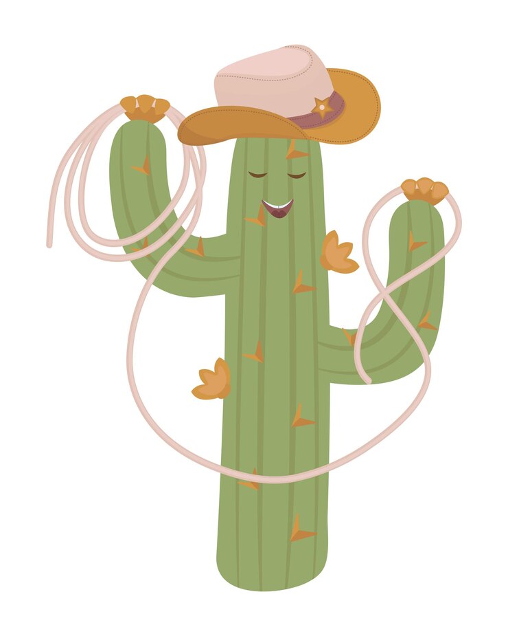 Vetor cactus cowboy com chapéu stetson e corda laço