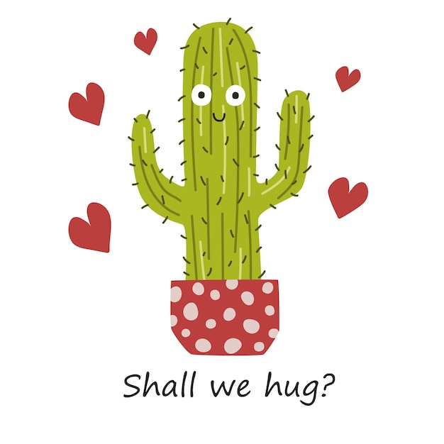 Cactus em uma panela com olhos Vamos me abraçar engraçado cartão de São Valentim desenho vetorial de ilustração vetorial em fundo branco