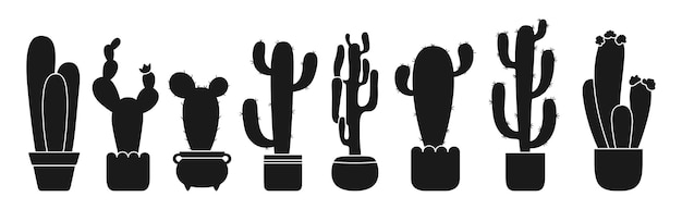 Cactus flowerpot silhouette set de desenhos animados planta de casa de sombra com panela de forma mexicana selo cactus vetor