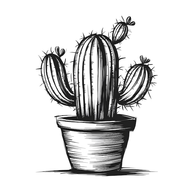 Cactus jardim vetor lápis tinta esboço desenho preto e branco estilo de gravura monocromática