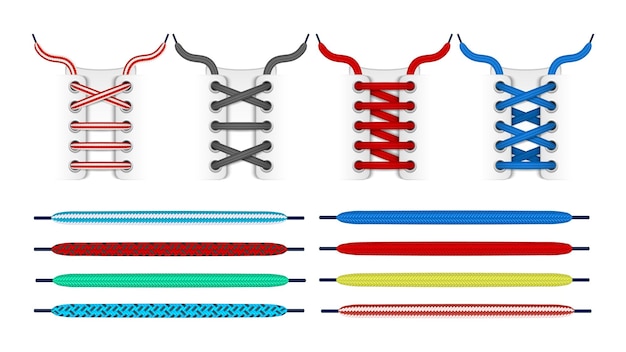 Cadarço realista cadarços coloridos para tênis branco coleção de cadarços isolados acessórios para calçados elementos vetoriais