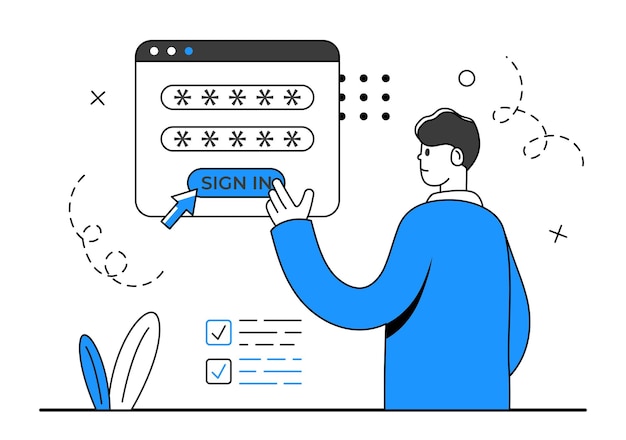 Cadastre-se na cena homem com janela web entrar botão criando ilustração vetorial de conta