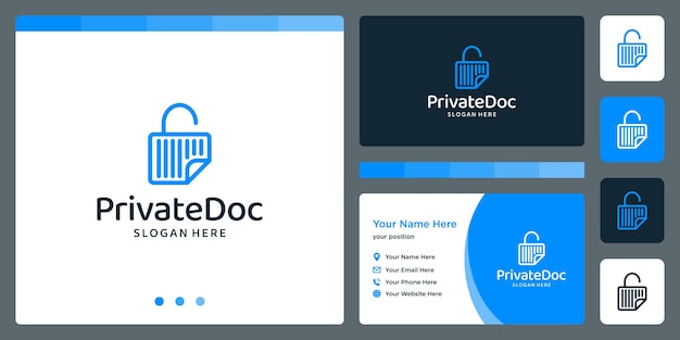 Cadeado e logotipo de desenho de documento com modelo de linha. vetor premium. cartão de visitas
