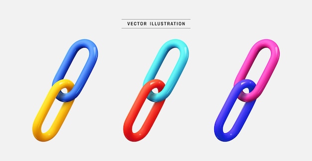 Vetor cadeia colorida ou ícone 3d de link define ilustração vetorial realista em estilo minimalista de desenho animado