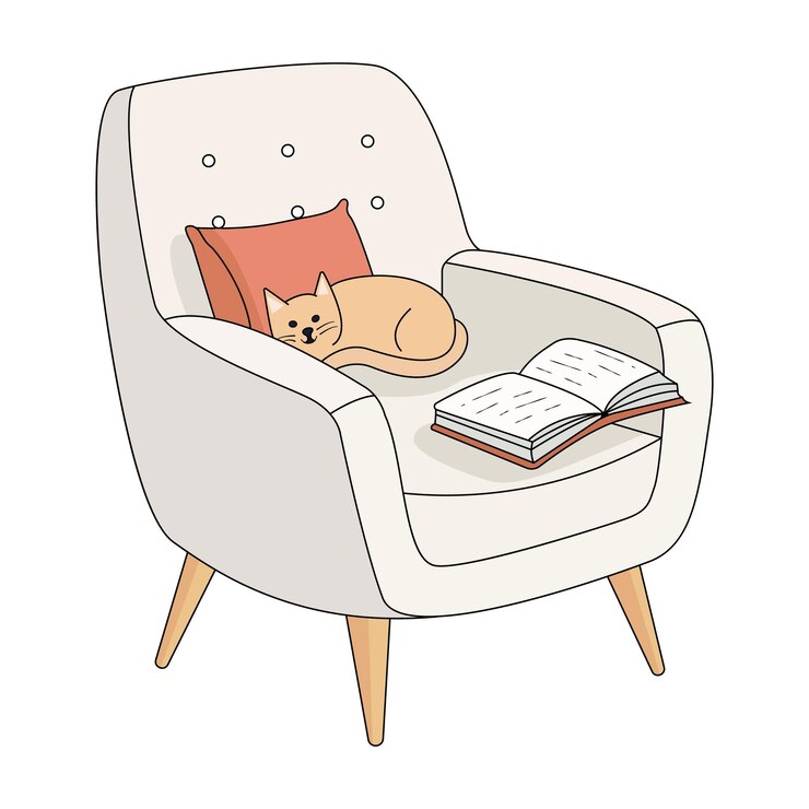 Vetor cadeira com gato e livro