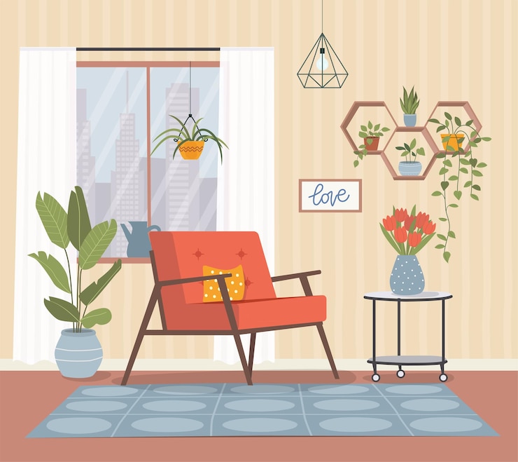 Vetor cadeira confortável, janela e plantas da casa.