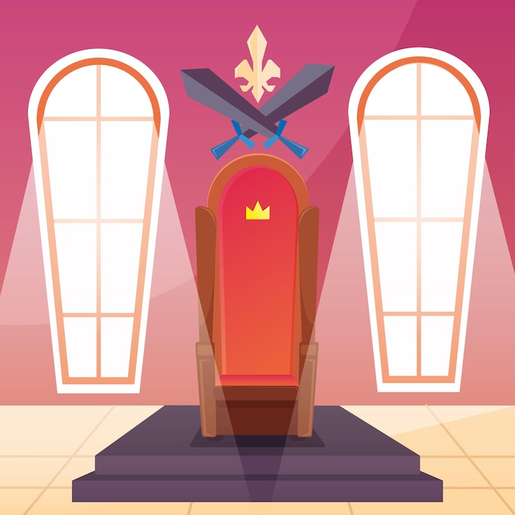 Vetor cadeira do trono do rei com espadas dentro do cenário do castelo vetor grátis