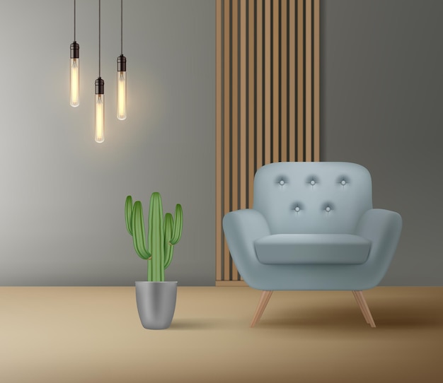 Cadeira moderna no quarto decoração de interiores minimalista de luxo poltrona aconchegante objeto de lugar de assento vazio para sala de estar fundo realista de vetor decente