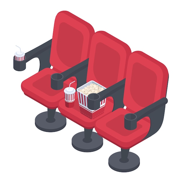 Vetor cadeiras vermelhas isométricas de cinema assentos vazios de cinema com pipoca e cadeiras de cinema refrigerante para assistir filme na tela grande ilustração em vetor 3d no fundo branco