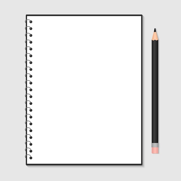 Caderno aberto com espiral metálica e lápis isolado na folha de papel branco em branco cinza Papelaria para educação e negócios Ilustração vetorial realista