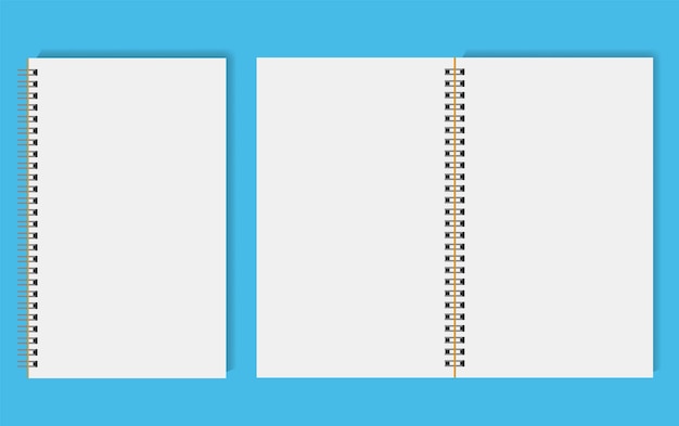 Vetor caderno aberto em espiral fechado livro aberto branco em um fundo azul colorido