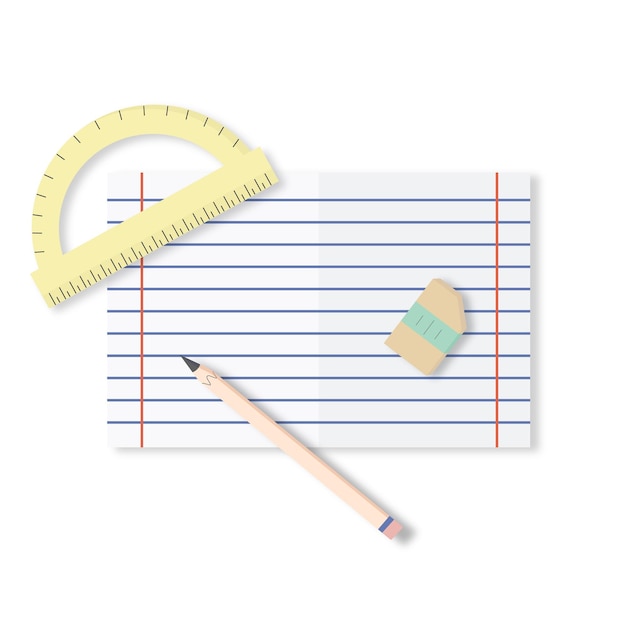 Caderno de anotações com página aberta com borracha de lápis protractor Material escolar ou de escritório Itens de papelaria