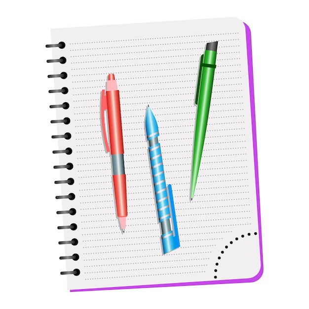 Caderno e três canetas em um fundo brancoxA