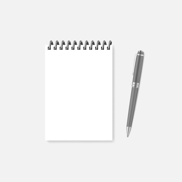 Caderno em branco com espiral superior encadernado com fio e modelo vetorial de caneta esferográfica