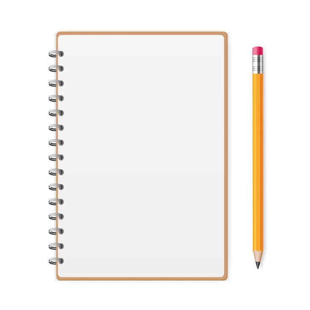 Caderno ou caderno de notas marrom aberto com espiral e lápis amarelo Vector EPS 10
