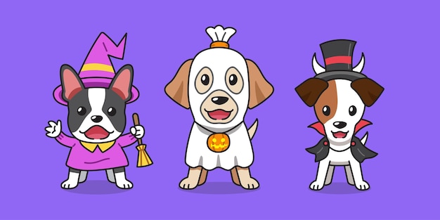 Vetor cães de desenho animado com fantasias de halloween