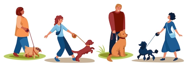 Cães de raças diferentes semelhantes aos seus donos estão caminhando