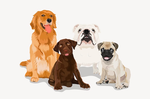 Cães e filhotes ilustração de diferentes raças vetor