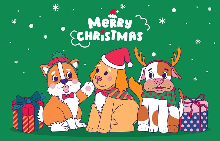 Cães em trajes de Natal com ilustração vetorial de caixas de presente Cartoon