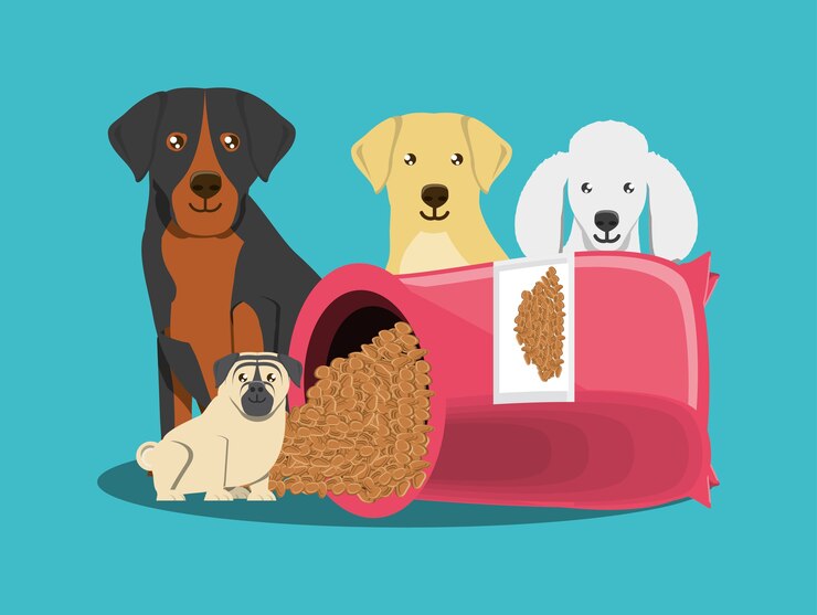 Vetor cães fofos e pacote de comida de cachorro sobre fundo azul