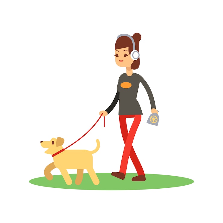 Vetor cães limpas andando conceito - garota caminha cão isolado no branco