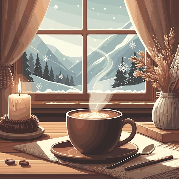 Vetor café à janela e ilustração de queda de neve