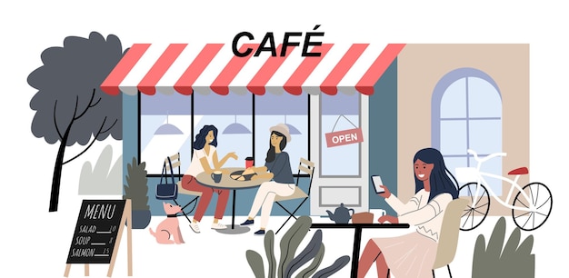 Café ao ar livre de verão Pessoas bebem e comem na rua Namoradas conversando e descansando