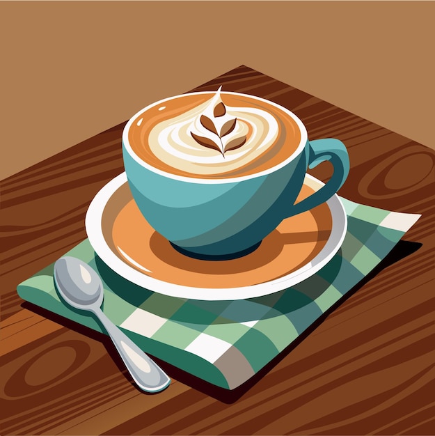 Vetor café cappuccino quente com guardanapo e colher em mesa de madeira