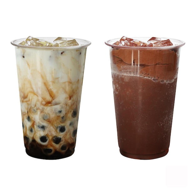 Café cola de frappe vetorial grátis com cubos de gelo em copos de plástico