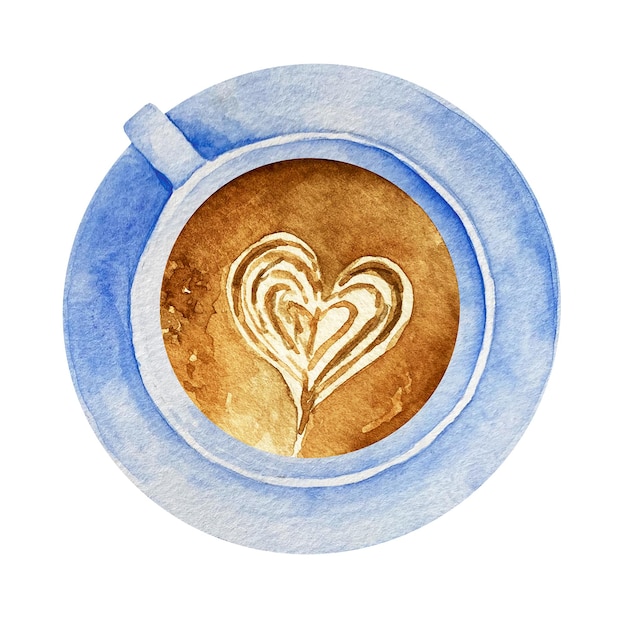 Café com leite aquarela com padrão de coração em uma vista superior de xícara azul