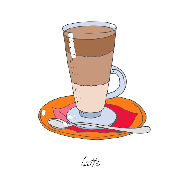 Café com leite em um copo alto com uma colher em um prato e um guardanapo em um fundo branco