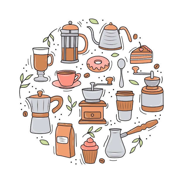 Café com várias cafeteiras e sobremesas.