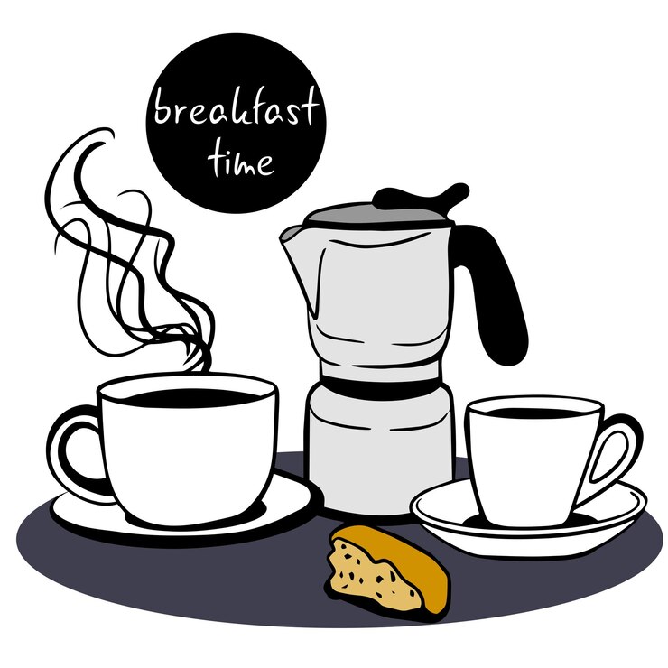Vetor café da manhã bom dia com xícara de café quente e cafeteira gêiser para duas pessoas com biscoitos mordiscados