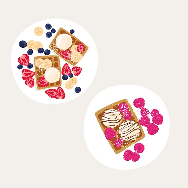 Café da manhã clássico doce com panquecas. ilustração em vetor vista superior. panquecas com calda de chocolate e frutas. morangos, mirtilos, framboesas. conjunto de pratos com belos cafés da manhã