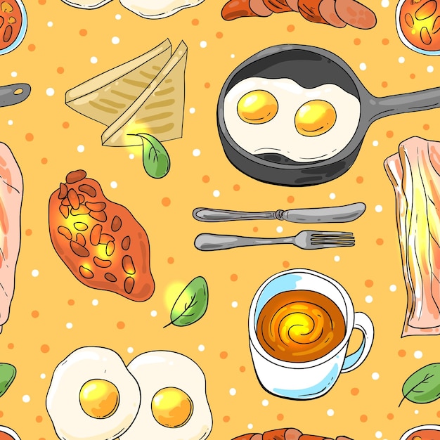 Café da manhã inglês completo Linda ilustração vetorial de comida desenhada à mão