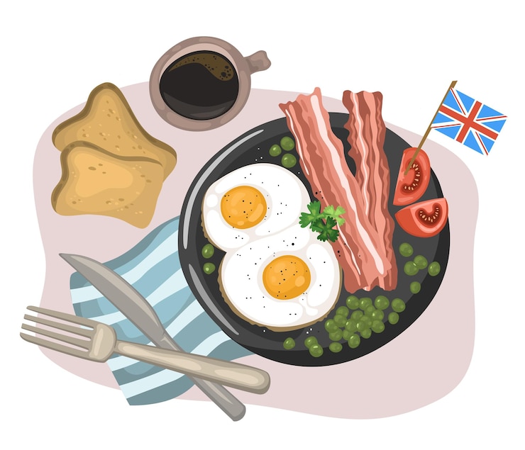 Vetor café da manhã inglês nacional de ovos mexidos com torradas de bacon e café a ilustração vetorial no estilo cartoon pode ser usada para aplicativos de receitas de menus