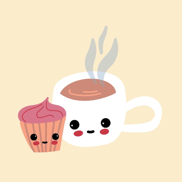 Vetor café da manhã kawaii uma xícara de café ou chá com um bolo desenhado à mão em um fundo isolado produtos fofos elementos decorativos vetoriais